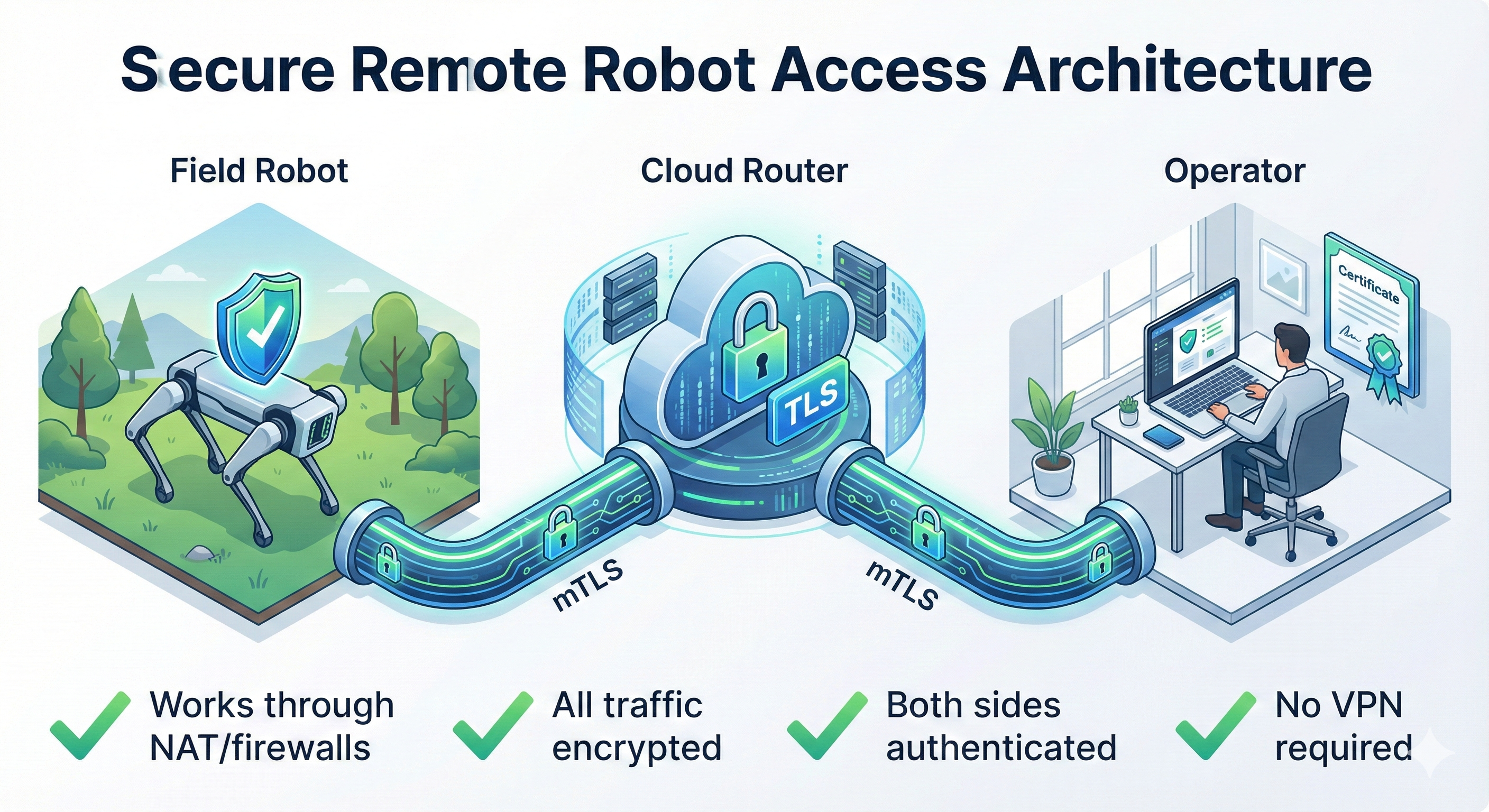 Architecture diagram showing field robot, cloud router with TLS, and operator laptop all connected with mTLS encryption, with checkmarks for NAT traversal, encryption, authentication, and no VPN required