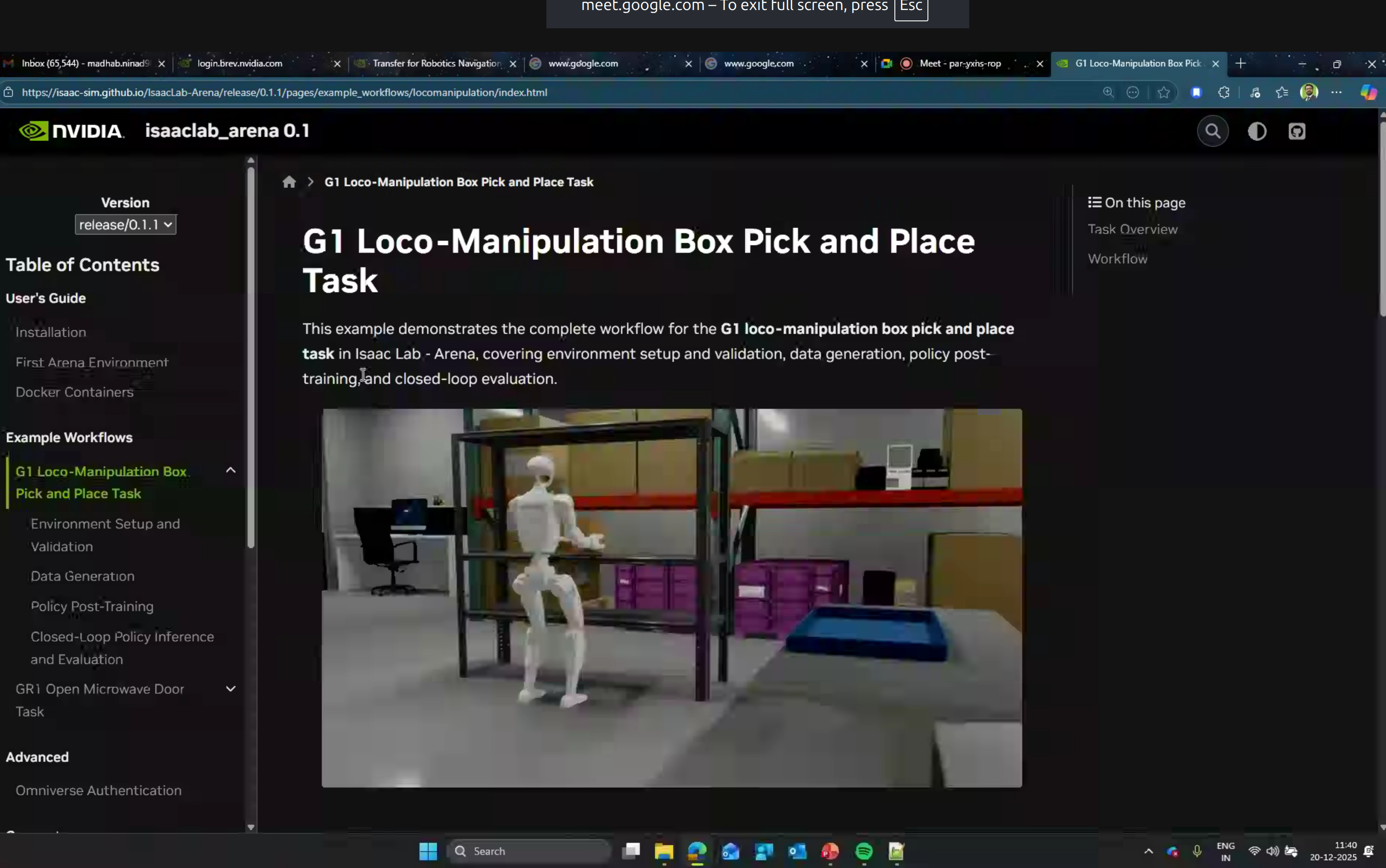 G1 humanoid robot in warehouse simulation