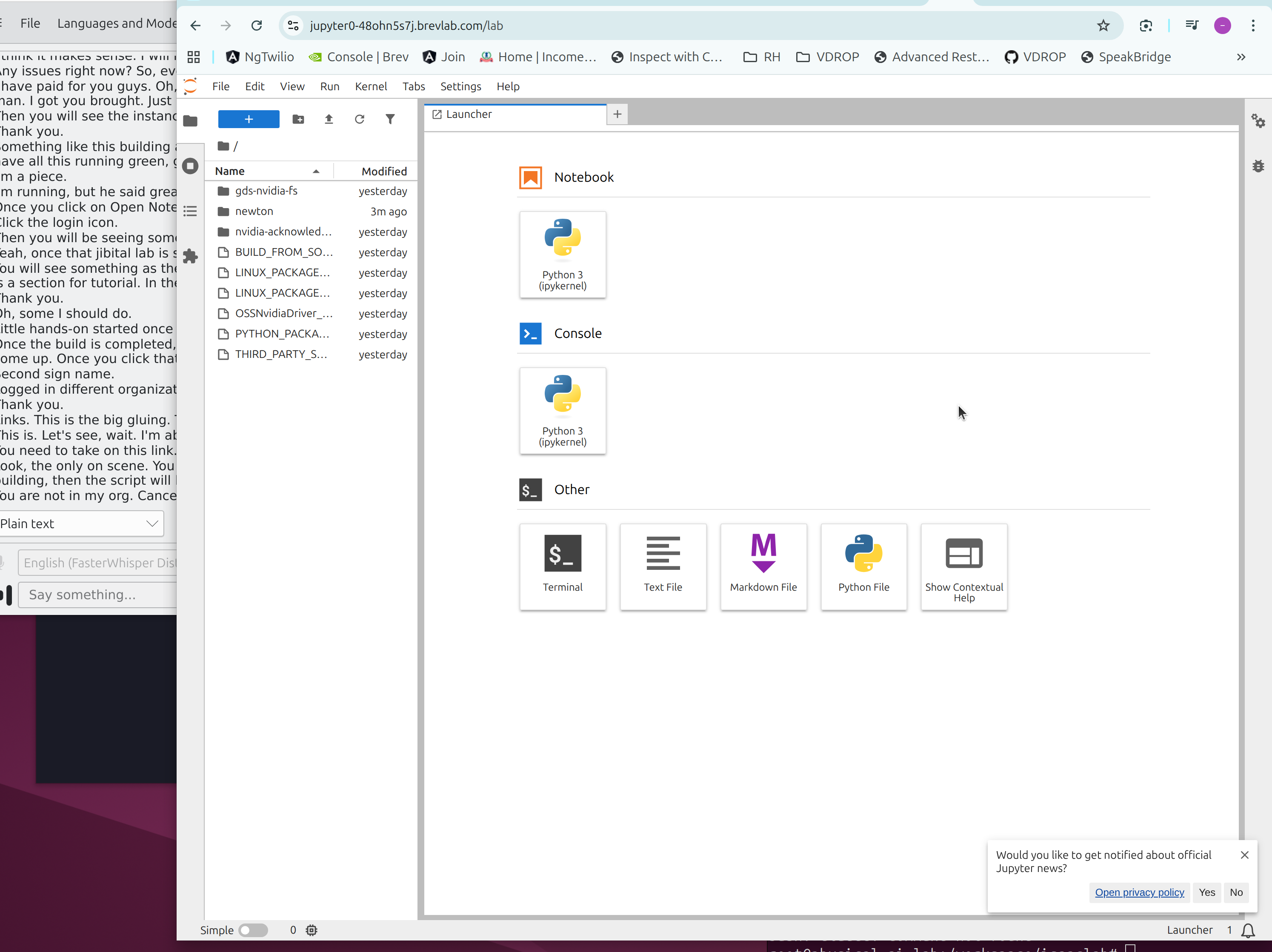JupyterLab with newton and gds-nvidia-fs folders