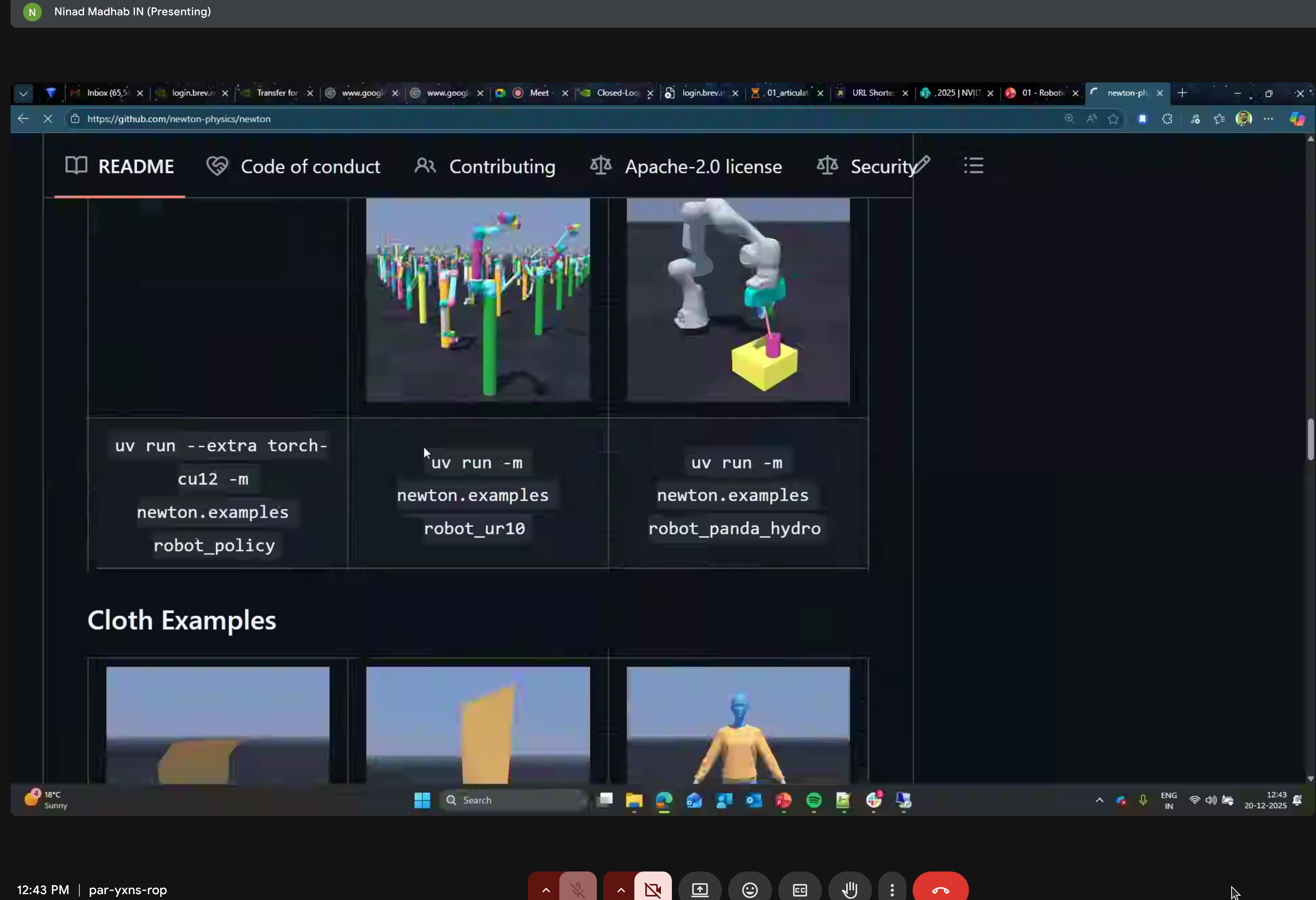Robot and cloth simulation examples