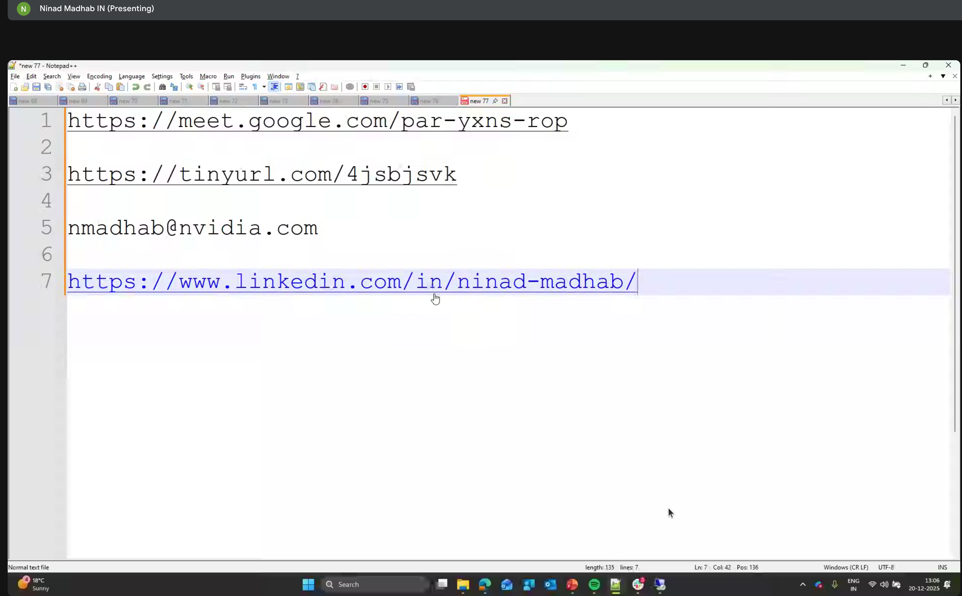 Google Meet URL and contact information