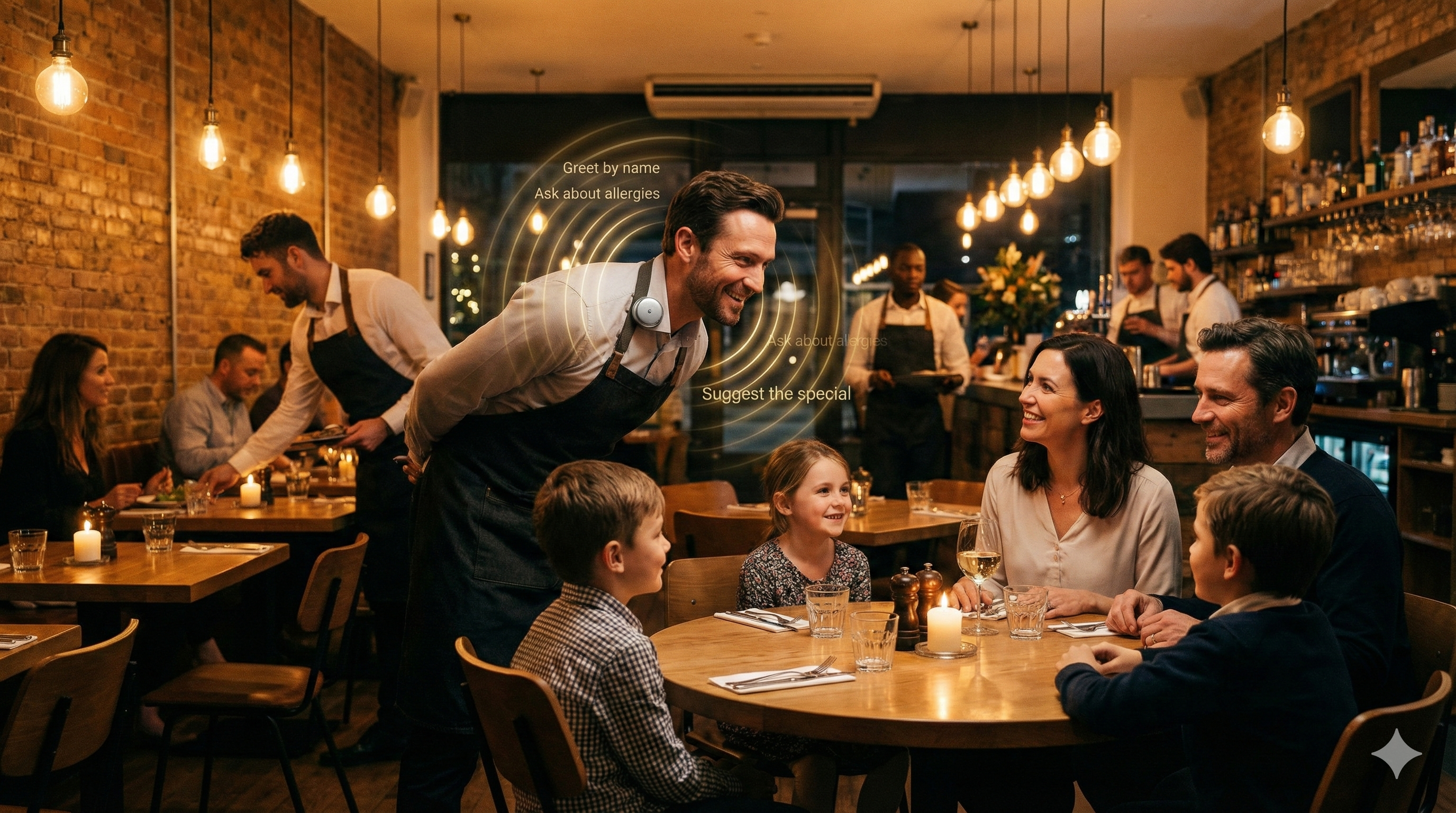 Waiter with AI wearable coaching in restaurant